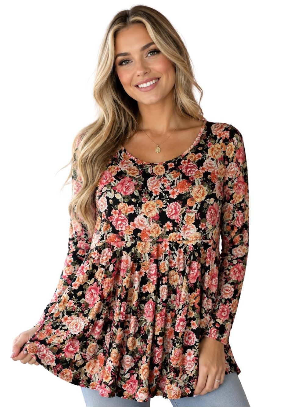 Windsor Floral Blouse babydoll Tunic Top L Long Sleeve Black Pink dark romantic